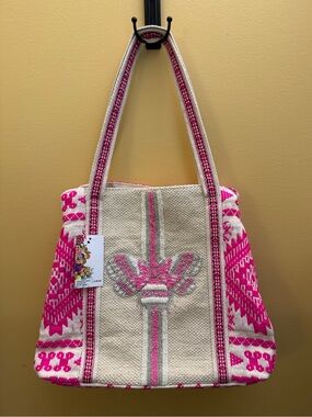 Express Edit handcrafted beaded Pink Bee Tote Bag NWT
